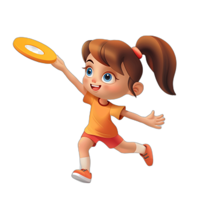 A cute girl cartoon character playing frisbee in a jumping pose. The simple flat illustration style features bright colors and a black background. The little girl is rendered in the style of Disney Pixar animation. She is wearing an orange tshirt, red shorts, and white socks on her feet. She is holding a yellow frisbee flying around, with big blue eyes and long brown hair tied into pigtails.