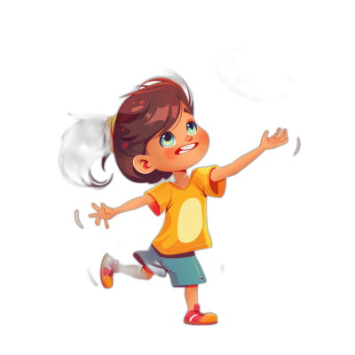 A cute little girl is dancing in the style of cartoon, full body portrait on a simple black background, game avatar, character illustration. The expression on her face was one of happiness and excitement, dancing happily. She had big eyes that sparkled in the sunlight, adding to her cheerful demeanor. Her long brown ponytail cascaded down her shoulders and arms.