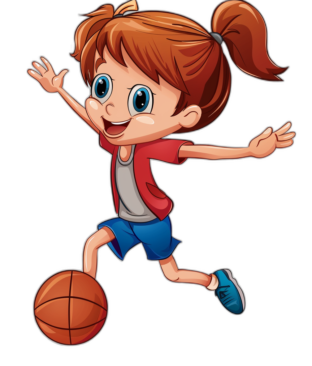 A cute cartoon girl playing basketball in a vector illustration with a black background. She is wearing red and blue , a white shirt, dark gray shorts, short brown hair in pigtails, big eyes, a smiling face expression, jumping while dribbling the ball. The scene includes details like hands open to make plays, legs stretched out behind her, sneakers on her feet wearing light blue shoes. Her posture suggests she’s having fun or celebrating after doing something good, in the style of a cartoon.