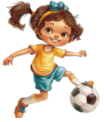 A cute little girl soccer player, character art for a children's book in the style of the Disney studio, full body pose with a ball in her hand, wearing yellow and blue shorts and t-shirt, brown hair, big eyes, smiling, black background.