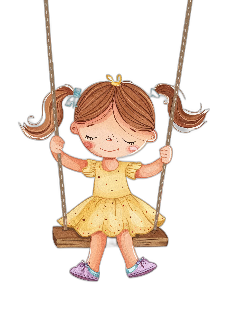 A cute happy little girl with pigtails in a yellow dress sitting on the swing against a black background in the style of clipart.