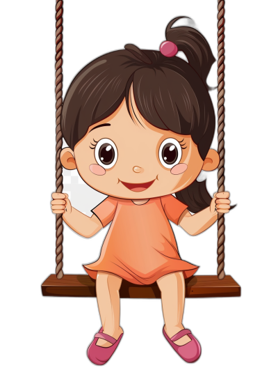 A cute little girl sitting on the swing, smiling happily, in the style of a vector illustration with a black background and flat design. She has big eyes, dark brown hair in pigtails wearing an orange dress and pink shoes. The cartoon character is designed as a full body portrait with detailed details.