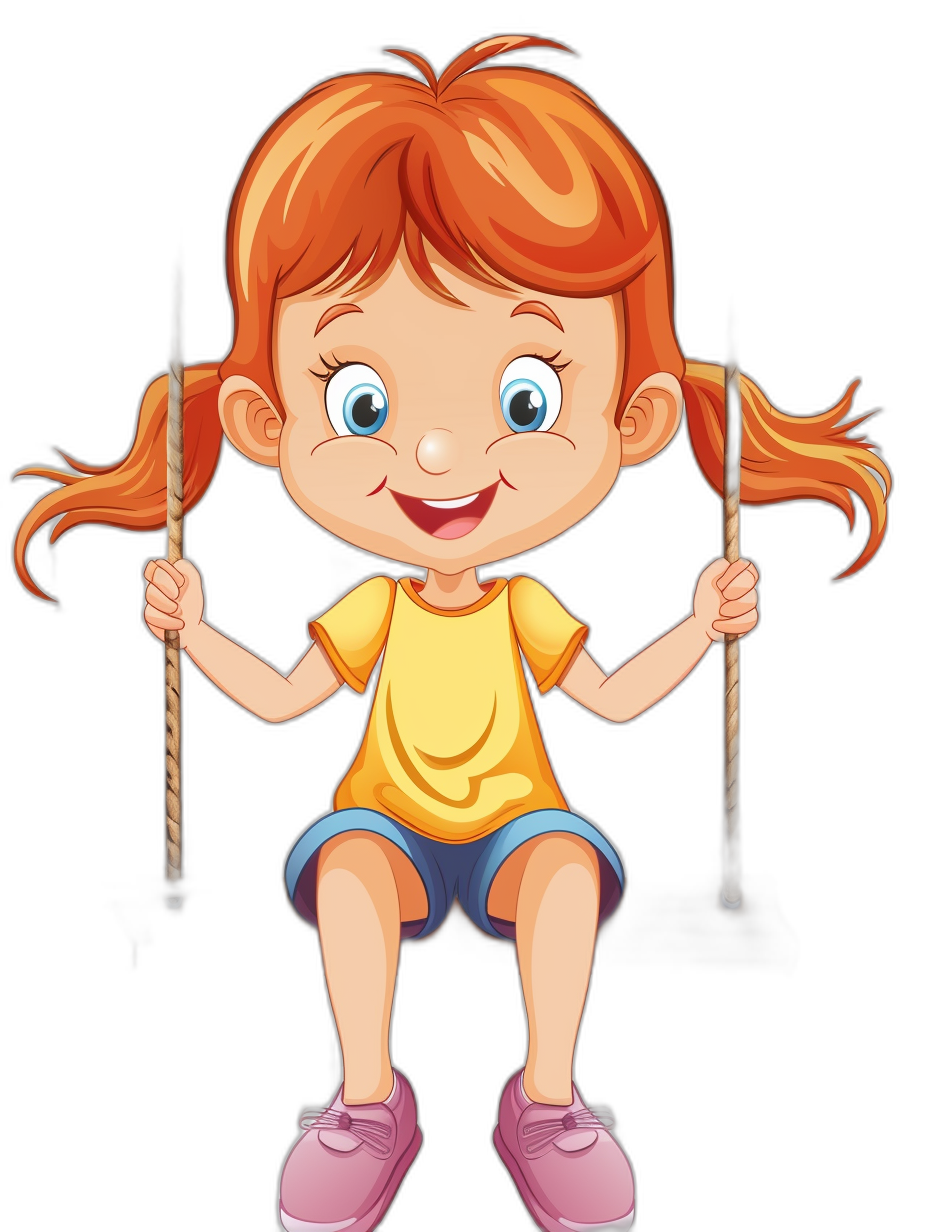 A cute happy cartoon girl with red hair in pigtails, wearing blue shorts and an orange shirt is sitting on the swing, smiling at you. The drawing is in a simple style, like clip art. It is an isolated sticker on a black background without a shadow. The photo is high resolution and high quality HD.