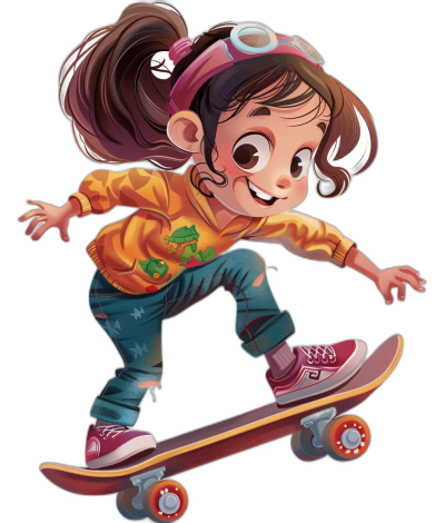 A cute girl is skateboarding with a cartoon style and a black background. She has brown hair tied in two ponytails, wearing an orange sweater with green patterns on the chest, blue jeans, pink sneakers, a red headband, big eyes, a happy expression, a full body portrait in a side view with a skateboard under her feet and colorful  in the style of.