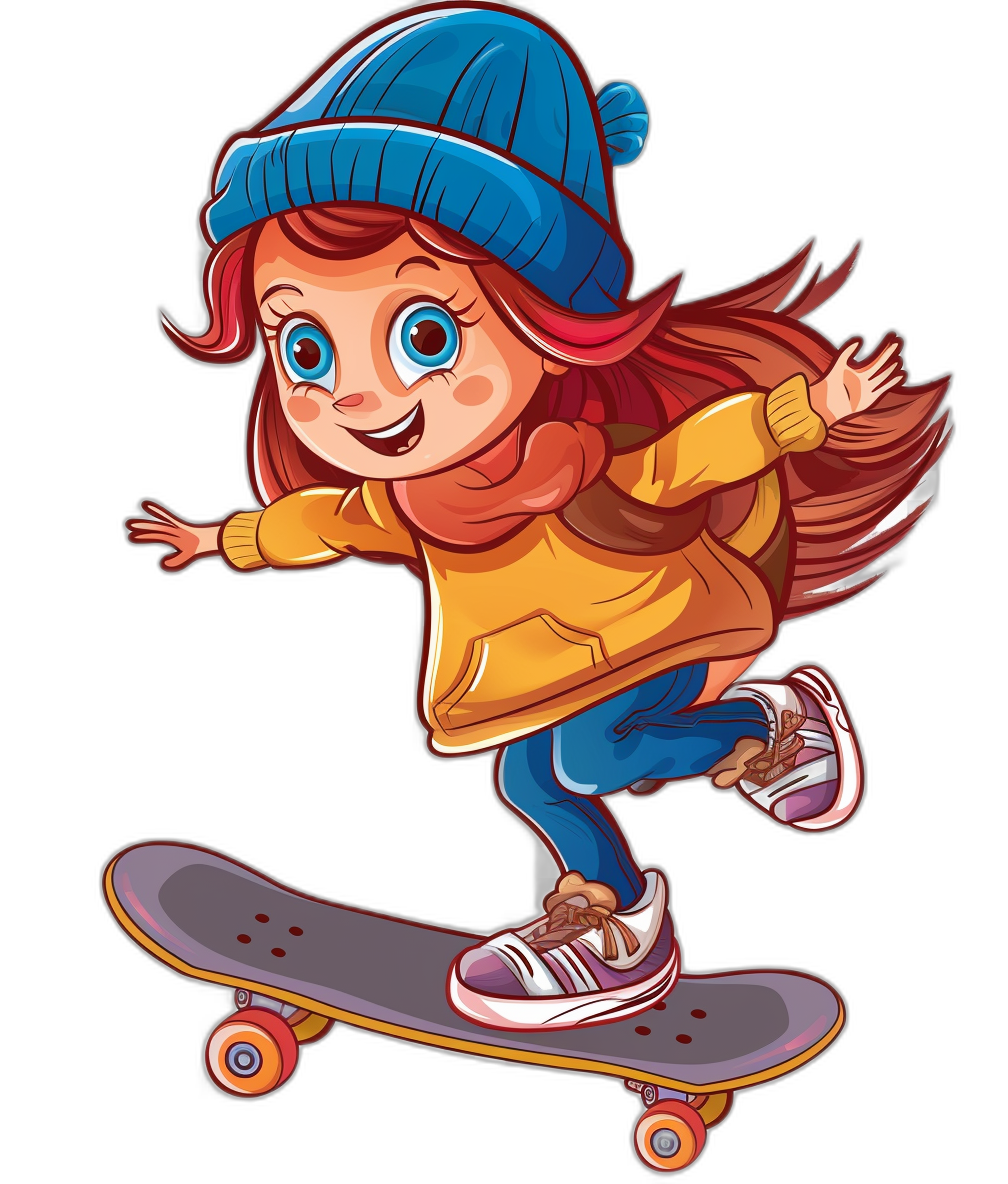 A cute cartoon girl with blue eyes and red hair wearing a beanie is riding a skateboard in the style of a vector illustration. The image is in a sticker style clipart style with an isolated black background.