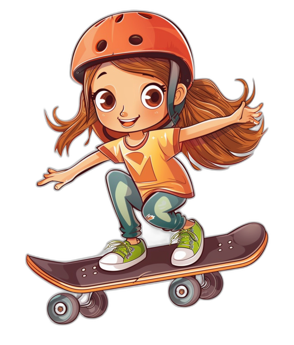 A cute girl riding a skateboard, wearing a helmet and t-shirt in the style of orange color, in a vector illustration style for character design icon set, on a black background, at a high resolution