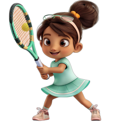 A cute little girl playing tennis, wearing light green and pink shoes, in the style of Pixar, Disney, on a black background, holding the racket in both hands, with glasses on her head. She has brown hair tied into an updo hairstyle, with a cartoon character design, in high definition.