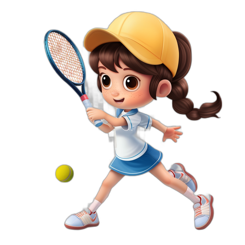 A cute little girl playing tennis in a cartoon character design with a full body shot. She is wearing white shoes and a blue skirt with a yellow cap on her head in a playing sports action pose. The illustration is in a simple style with a black background. It is a vector graphic in a cute style with high resolution, professional studio lighting, and professional color grading with clean sharp focus and high quality.