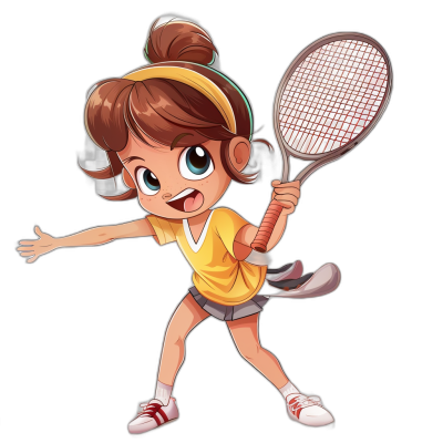 A cute little girl playing tennis in a cartoon style, vector illustration with a black background and yellow shirt. She has brown hair in pigtails wearing headphones and is holding her racket ready to hit the ball. Her expression should be happy and excited as she dribbles towards me. The overall design of the character must convey an energetic atmosphere.