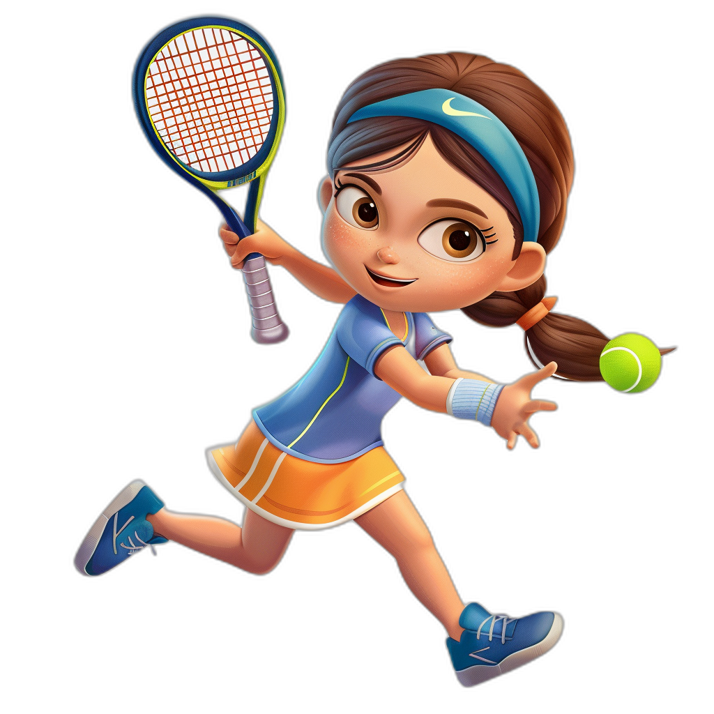 A young girl playing tennis, wearing blue and yellow with Nike shoes on her feet. She has brown hair in pigtails and is holding the racket at an angle to hit a ball. The character design should be cartoonish, with bright colors and exaggerated features typical of Pixar animation style. Black background, no shadows.