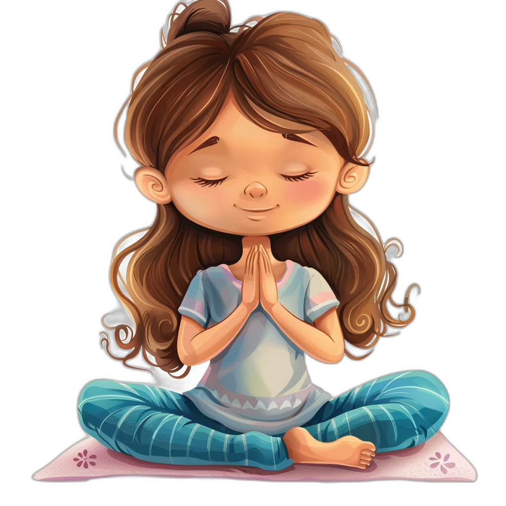 A cute little girl is doing yoga, with long brown hair and blue pajamas. She has her hands clasped in prayer on the mat, smiling gently as she takes deep breaths to convey relaxation. The illustration style should be cartoonish and vibrant, capturing its adorable essence against a black background in the style of an adorable cartoon.