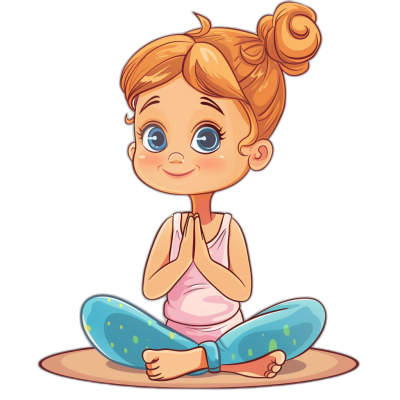 cute little girl doing yoga in the style of a cartoon clip art, isolated on a black background with pastel colors.