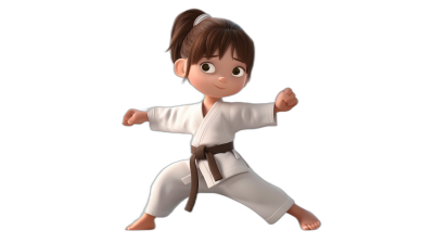 A cute little girl in a white karate outfit with brown hair in a ponytail and bangs doing a front kick pose in the style of 3D Pixar character design on a black background in a cartoon cute style.