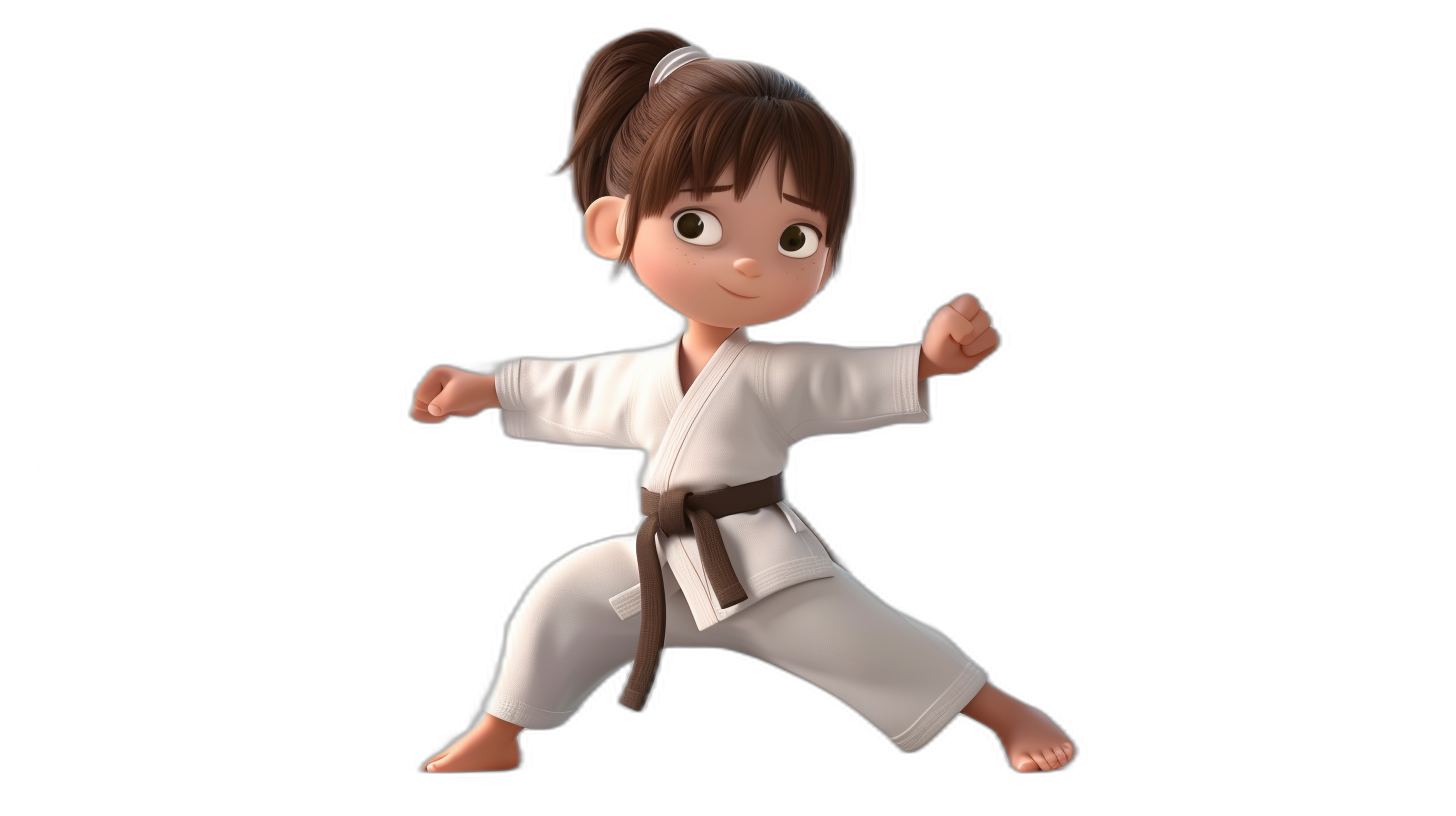 A cute little girl in a white karate outfit with brown hair in a ponytail and bangs doing a front kick pose in the style of 3D Pixar character design on a black background in a cartoon cute style.