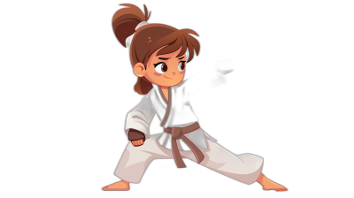 A cute little girl in a black belt karate outfit, doing forward narrow stances with her hands on the ground. Black background. The illustration has a flat style. She has brown hair and is wearing white pants. The picture should have a cartoon design in the style of anime. It's set against a dark backdrop, giving it a unique appearance. Her expression was focused as she gracefully posed. In a chibi art style. A plain background adds to its simplicity.