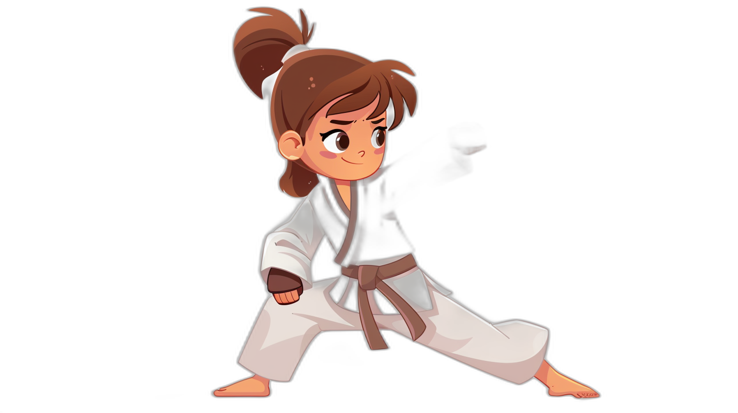 A cute little girl in a black belt karate outfit, doing forward narrow stances with her hands on the ground. Black background. The illustration has a flat style. She has brown hair and is wearing white pants. The picture should have a cartoon design in the style of anime. It’s set against a dark backdrop, giving it a unique appearance. Her expression was focused as she gracefully posed. In a chibi art style. A plain background adds to its simplicity.