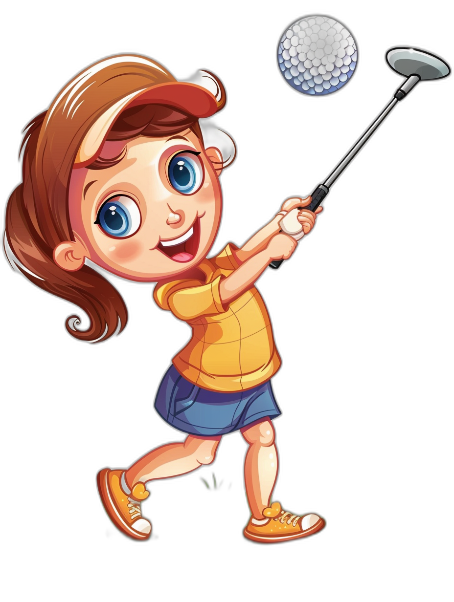 A cute cartoon girl playing golf in the style of clip art, in the style of isolated on a black background, with high contrast.