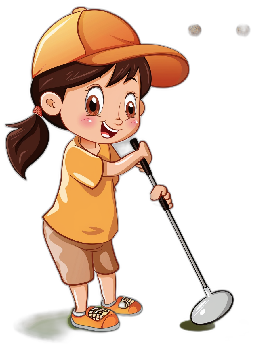 A cute little girl playing golf in a simple cartoon style. This vector illustration shows her full body portrait against a solid black background. She is wearing an orange cap and yellow short-sleeved shirt with brown shorts underneath. She is holding the golf club in her hand while smiling at you. The lighting illuminates her face as she prepares to take a swing. She has long hair tied back into pigtails in the style of how one might dress on stage. This could be 2D game art.