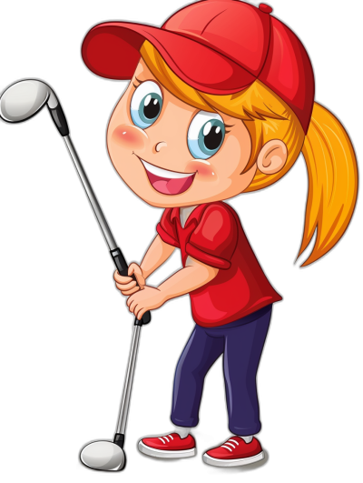 A cute blonde girl in a red cap and shirt playing golf in the style of a clip art style cartoon illustration on a black background.