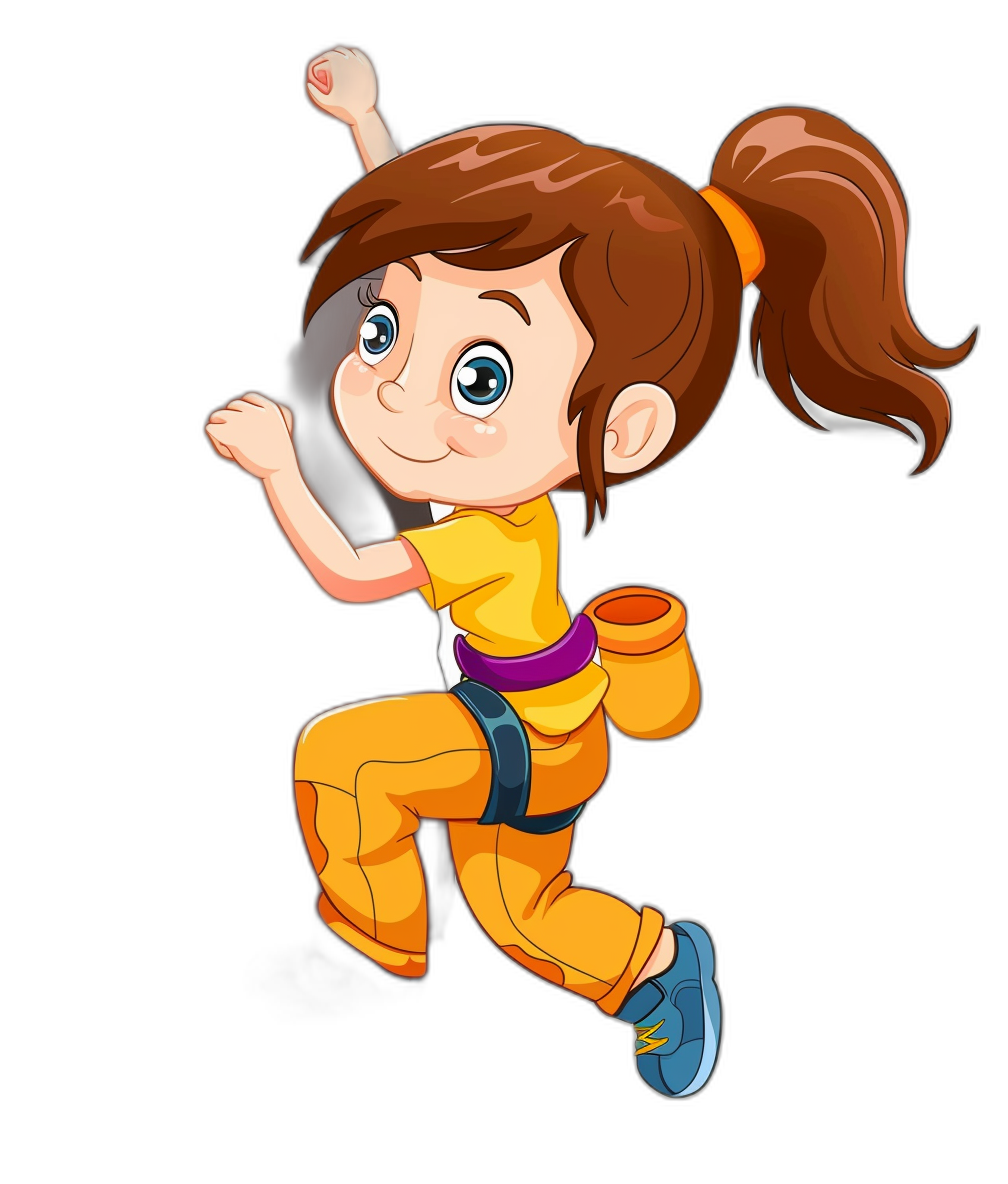 Cartoon vector illustration of an energetic little girl in sportswear, jumping and running with determination on black background. She has brown hair tied back into pigtails, blue eyes, wears yellow tshirt and orange pants with purple belt”. Cartoon character design for game graphics or children’s books, full body, side view.