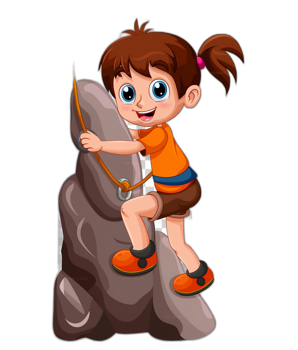 vector cartoon of girl climbing rock, solid black background, cute and adorable