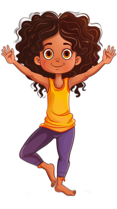 cartoon girl doing yoga, brown skin with curly hair and big eyes wearing yellow tank top purple leggings on black background