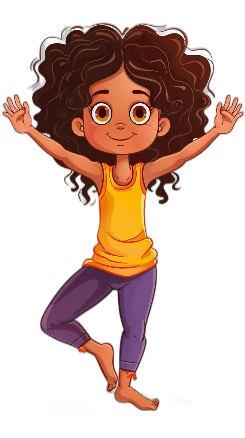 cartoon girl doing yoga, brown skin with curly hair and big eyes wearing yellow tank top purple leggings on black background