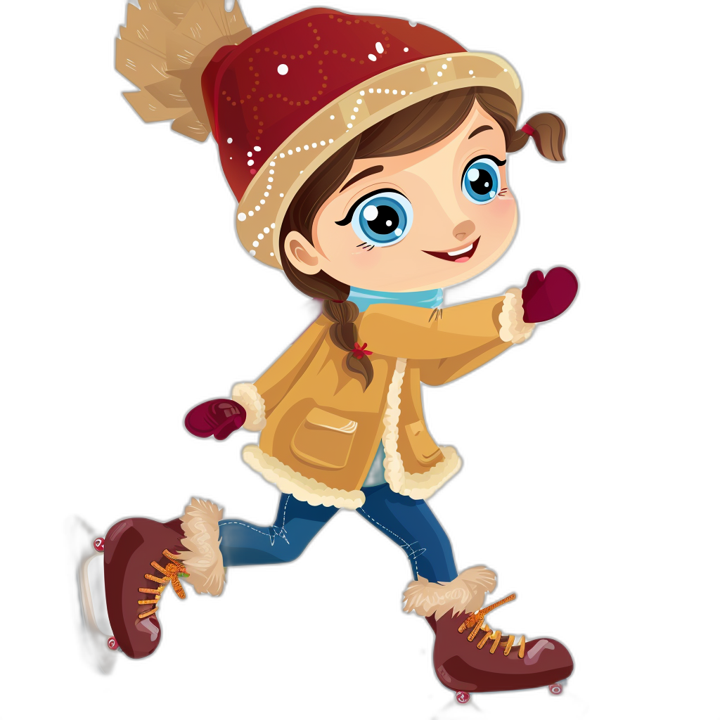 A cute girl skating in the style of clip art cartoon with an isolated black background for a tshirt design. She wears a winter coat and hat, with big blue eyes and brown hair in a ponytail while wearing gloves in the Pixar style.