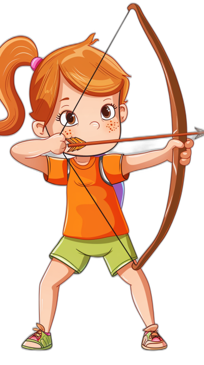 A cartoon girl with orange hair in pigtails is shooting an arrow, wearing green shorts and short sleeves on her upper body, holding the bow's string straight to shot at me, vector illustration style, simple strokes, pure black background, high definition resolution, cute expression.