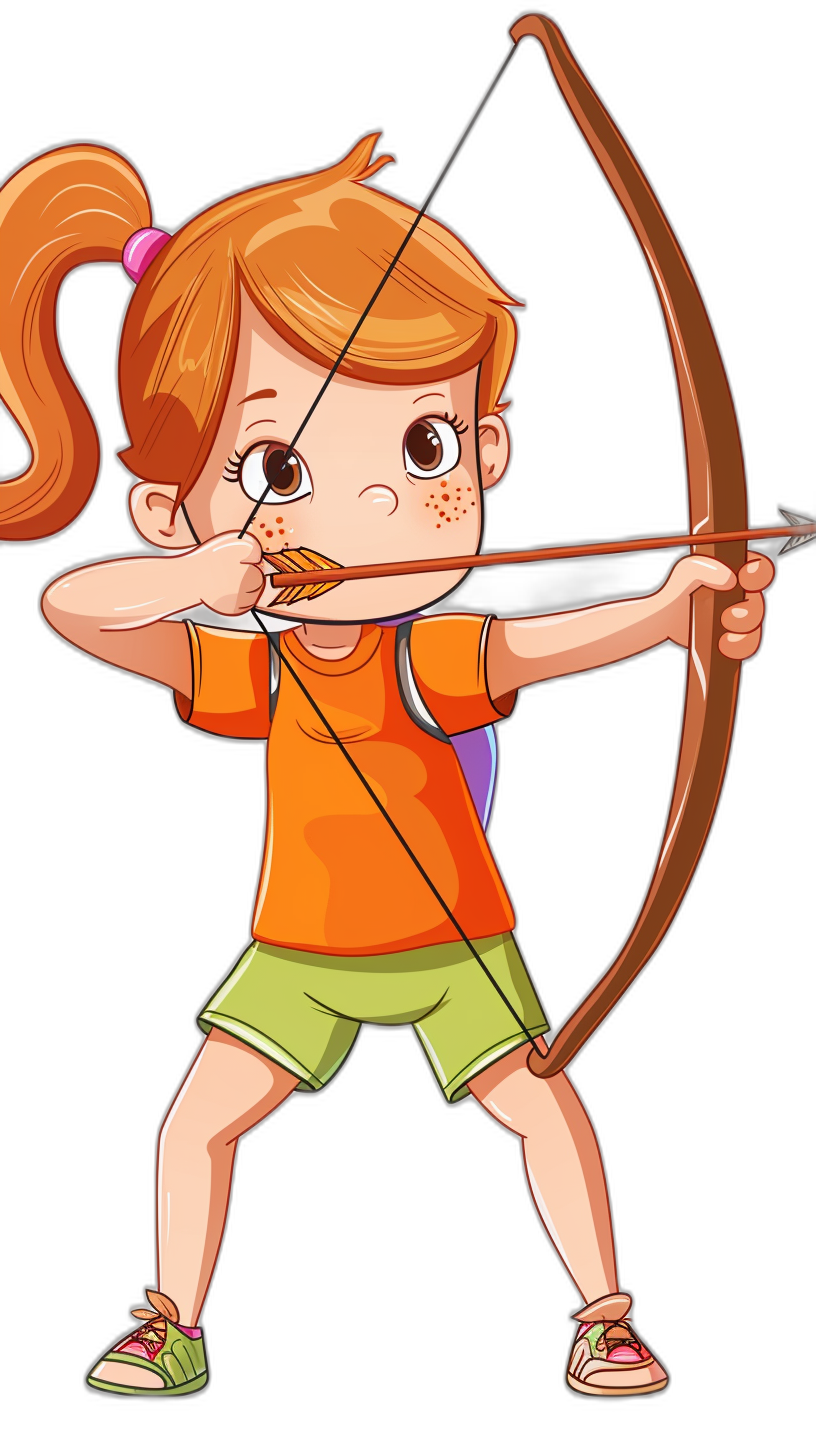 A cartoon girl with orange hair in pigtails is shooting an arrow, wearing green shorts and short sleeves on her upper body, holding the bow’s string straight to shot at me, vector illustration style, simple strokes, pure black background, high definition resolution, cute expression.