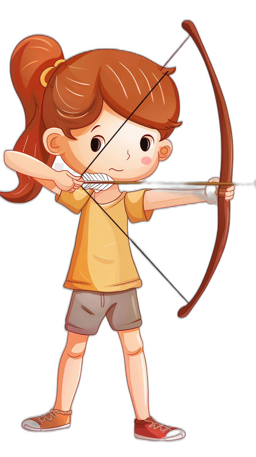 A cartoon girl is shooting with an arrow, wearing short sleeves and shorts on her upper body. She has brown hair in pigtails tied to the bow of archery, with black background, simple lines, vector graphics, cute style, Qversion manga style, high resolution,,in