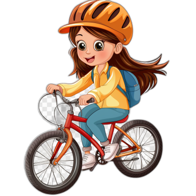 A cute girl riding her bike in the style of a cartoon vector illustration with a white background. She is wearing an orange helmet and a yellow shirt. Her hair is long brown and she has big eyes. The bicycle's coloration is red with black wheels. It also features a small backpack on the back in a vector art style. Isolated design asset. Vector Illustration. Black Background.