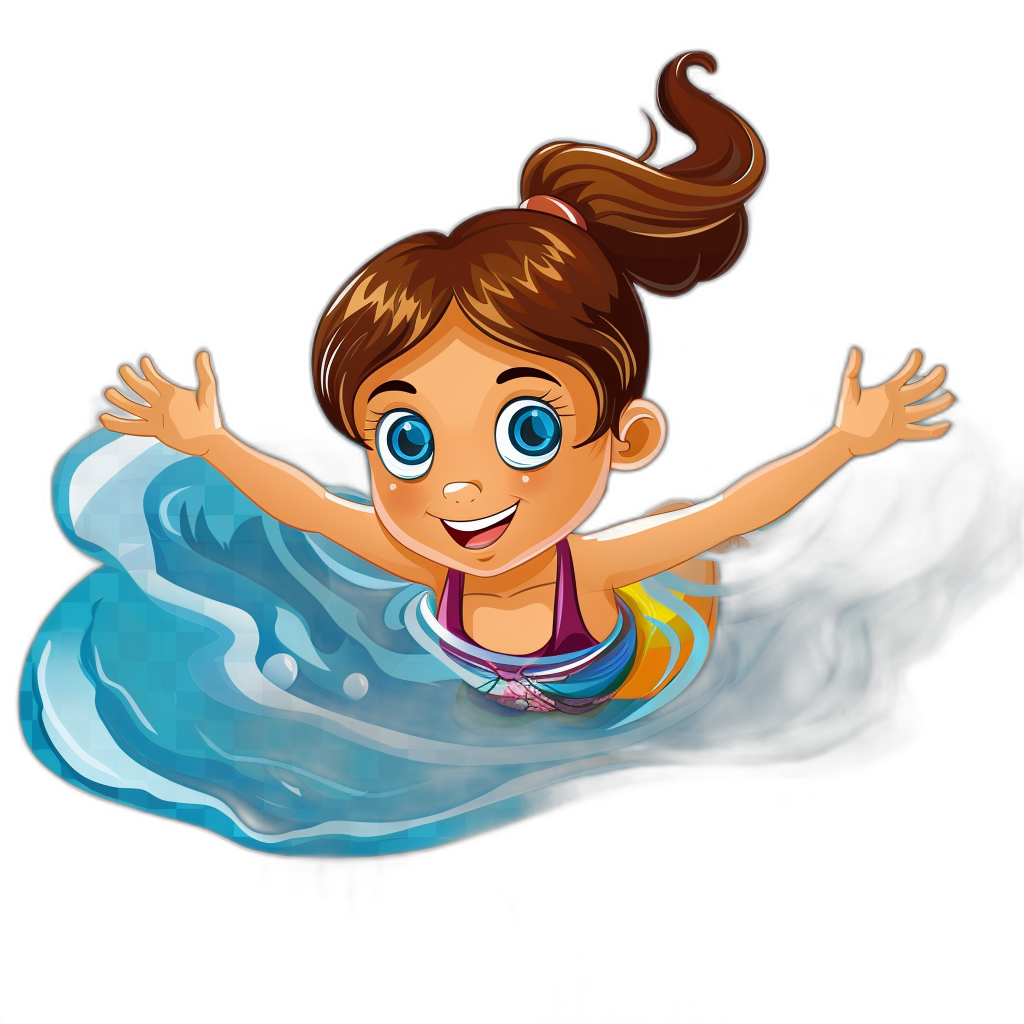 A cartoonstyle illustration of an adorable girl with brown hair and blue eyes, wearing colorful swimming attire, floating on water in the style of Dora The explorer. Black background.