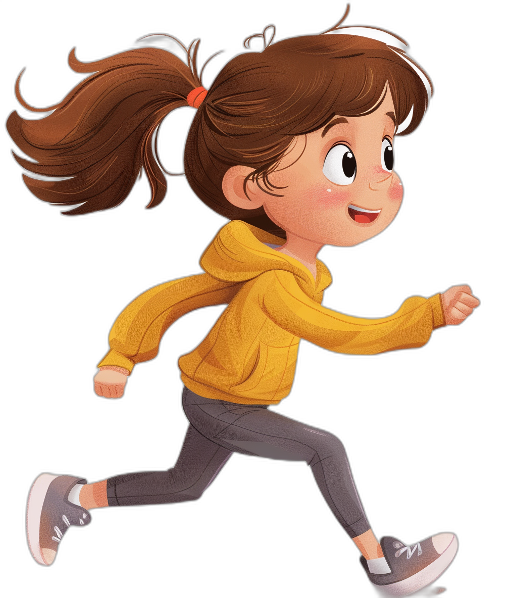 A cartoon girl in a yellow hoodie and grey leggings is running, shown from the side, on a black background, in the style of a children’s book illustration, with her full body depicted. She has flat color on her face, brown hair in a ponytail at the back of her head, and a cute, happy expression. She is wearing white shoes.