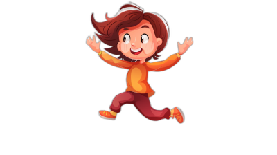 A cute cartoon girl is jumping up, smiling happily with her hands raised in the air. She has short brown hair and wears an orange long-sleeved shirt and red pants on a black background in the style of a simple style. Flat illustration style, 2D, high resolution, high detail, high quality.