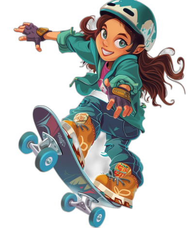 A young girl with brown hair, wearing an emerald green jacket and blue jeans, riding on her skateboard in midair. She is smiling and has bright eyes. The character's outfit includes skater shoes and gloves. Her hat covers part of the face, adding to her cool demeanor. Vector illustration in the style of Disney Pixar studio, full body shot, black background