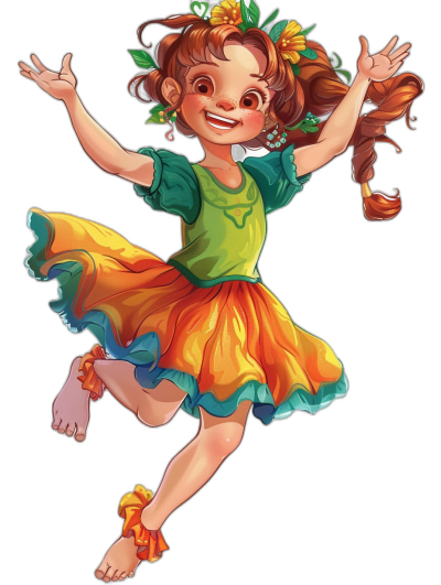 A cute smiling little girl dressed in an orange and green dress with pigtails, dancing in the air. Full body shot, in the style of [Artgerm](https://goo.gl/search?artist%20Artgerm). She has big brown eyes and long red hair. The colors of her outfit include yellow, orange, blue and pink. Her shoes have tassels on them too. In front there is a white space for text. It's a childrens book illustration.