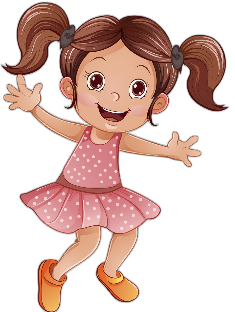 A cute happy cartoon girl in a pink dress with polka dots, with brown pigtails and big eyes smiling and dancing on a black background, in the style of a clip art style cartoon illustration for kids, with high detail, clean edges with no shadows, at a high resolution