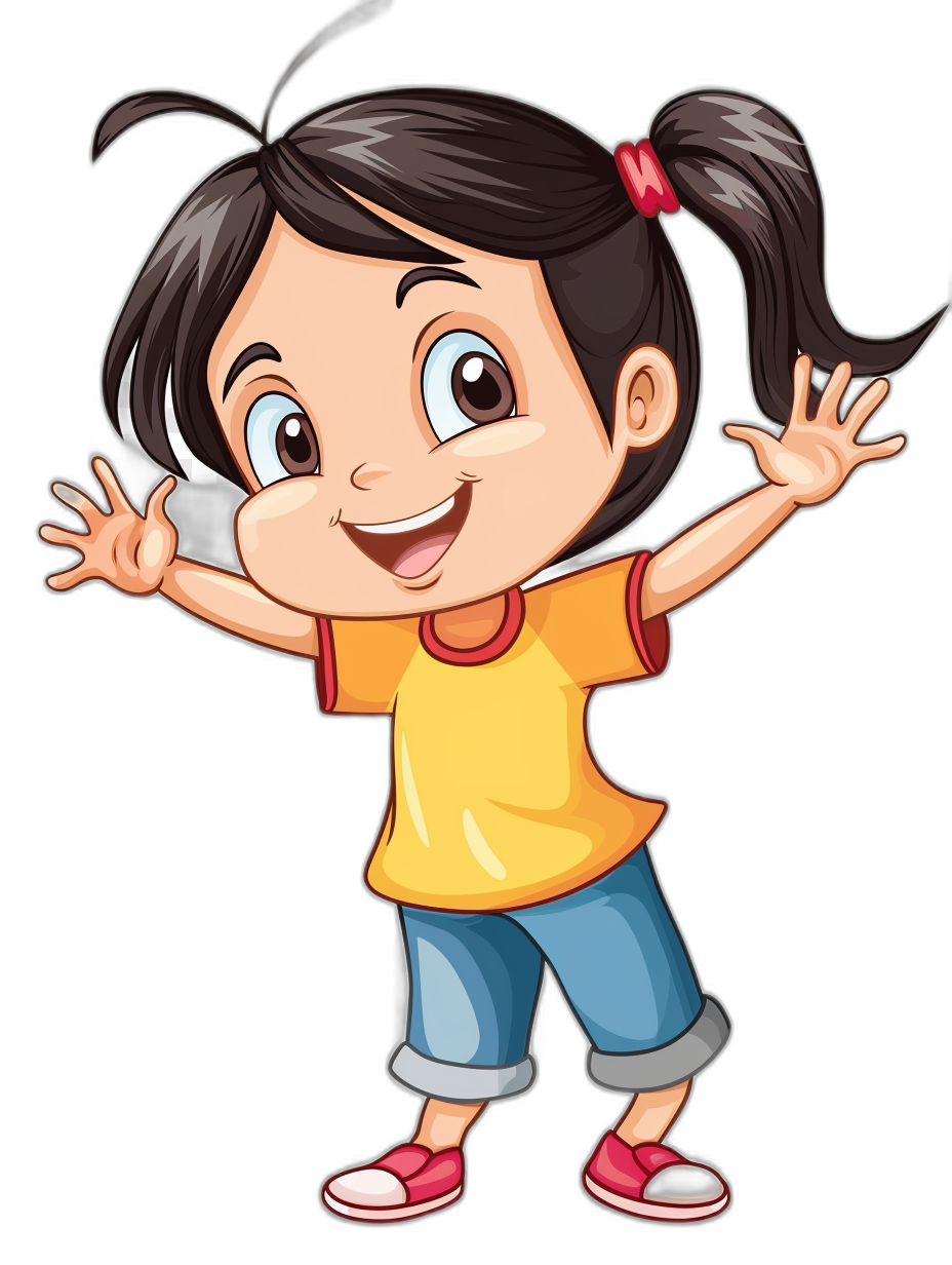 A cute little girl with her hands up, happy expression, in the style of vector illustration, simple strokes, black background, cartoon character design, wearing short sleeves and blue jeans, cartoon material.