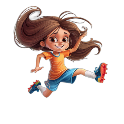 A cute little girl in a soccer outfit jumping with long brown hair, in the style of Pixar, cartoon character, black background.