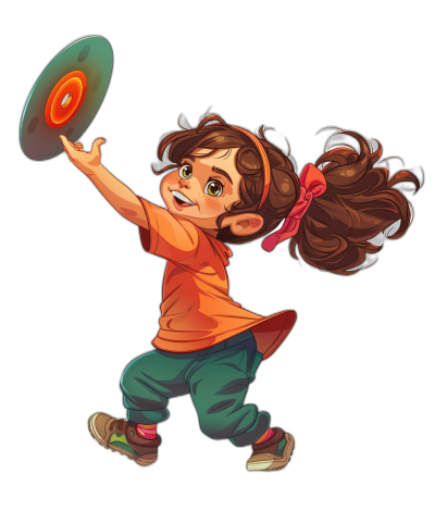 A cute little girl is playing frisbee with a happy expression in the style of Disney. She has long brown hair and wears an orange shirt and green pants. The posture of her jumping to catch the frisbee is shown in a dynamic angle shot with a black background. The vector illustration is a white color sticker flat cartoon drawing in the style of Pixar Studio. She has a nice face.