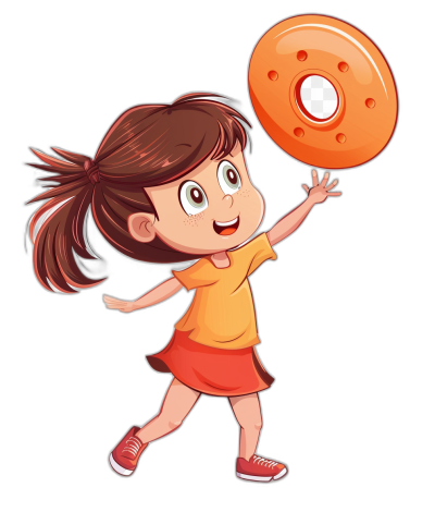 A cute little girl cartoon character playing with an orange frisbee in the style of clip art, isolated on a black background.