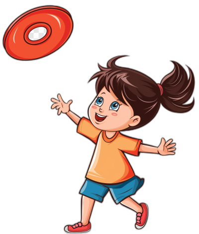 A cute happy girl playing frisbee in a vector illustration with a black background.