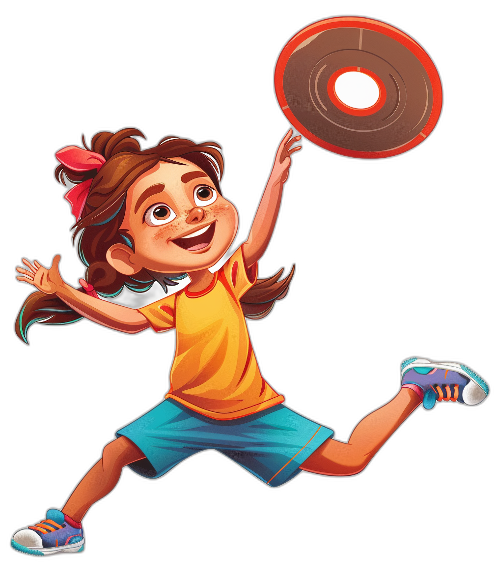 A cartoon girl playing frisbee, vector illustration style, colorful  and sportswear, jumping up to catch the FrGram with black background. The character is smiling happily, dressed in blue shorts and an orange Tshirt. She has brown hair tied into two pigtails on one side of her head, wearing bright red sneakers on both feet. A large circular red plastic plate floats above his body as he jumps up to capture it.,in