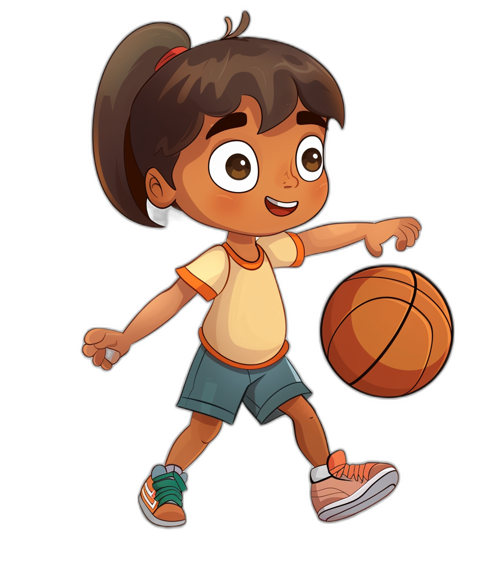 A cute little girl playing basketball, full body cartoon character in the style of Dora The Explorer on a black background.