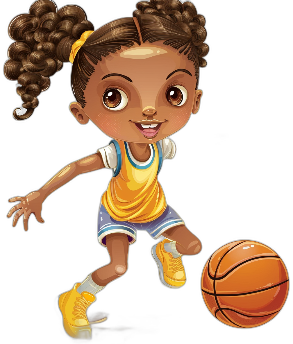 cartoon style of an African American girl basketball player, playing with ball on black background, wearing uniform and shoes, vector illustration in the artstyle inspired by Disney Pixar animation. She has brown skin color, hazel eyes, pigtails hair. The colors used should be vibrant and cheerful, suitable for children’s book illustrations. It is important to capture her cute expression while also maintaining clear outlines that make it easy to cut out. Isolated on white background.