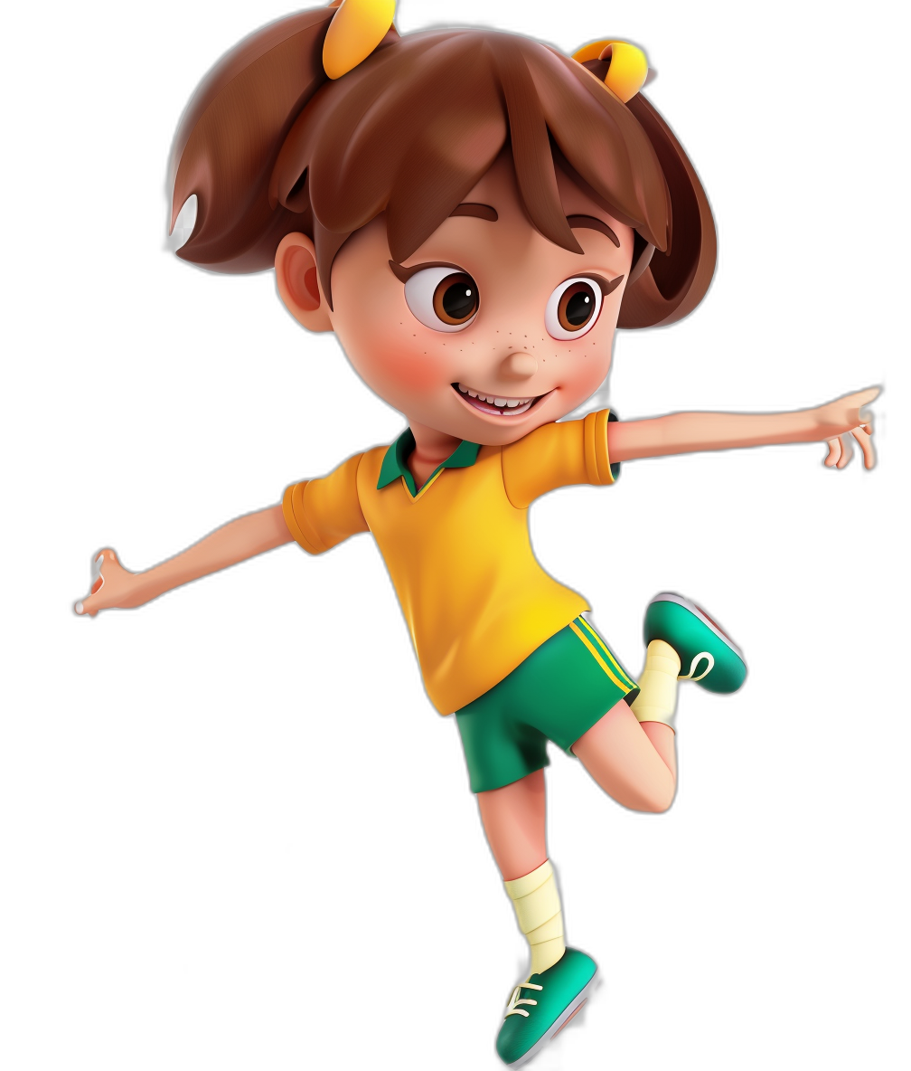 A cartoon girl in a yellow and green soccer outfit with brown hair in two pigtails and big eyes jumping on a black background, in the style of Pixar.