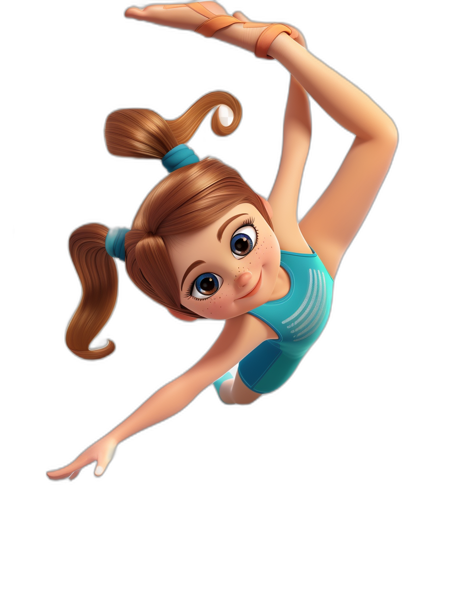 A young girl gymnast, in the style of Pixar, a cute and adorable cartoon character with big eyes, brown hair in pigtails, wearing blue gym attire, performing a cartwheel captured from an angle above on a black background, in the Disney style, in the style of Pixar animation, concept art for a mobile game.