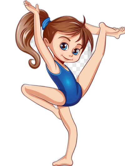 A cartoon girl gymnast in blue costume doing floor coasting, clip art style with plain black background