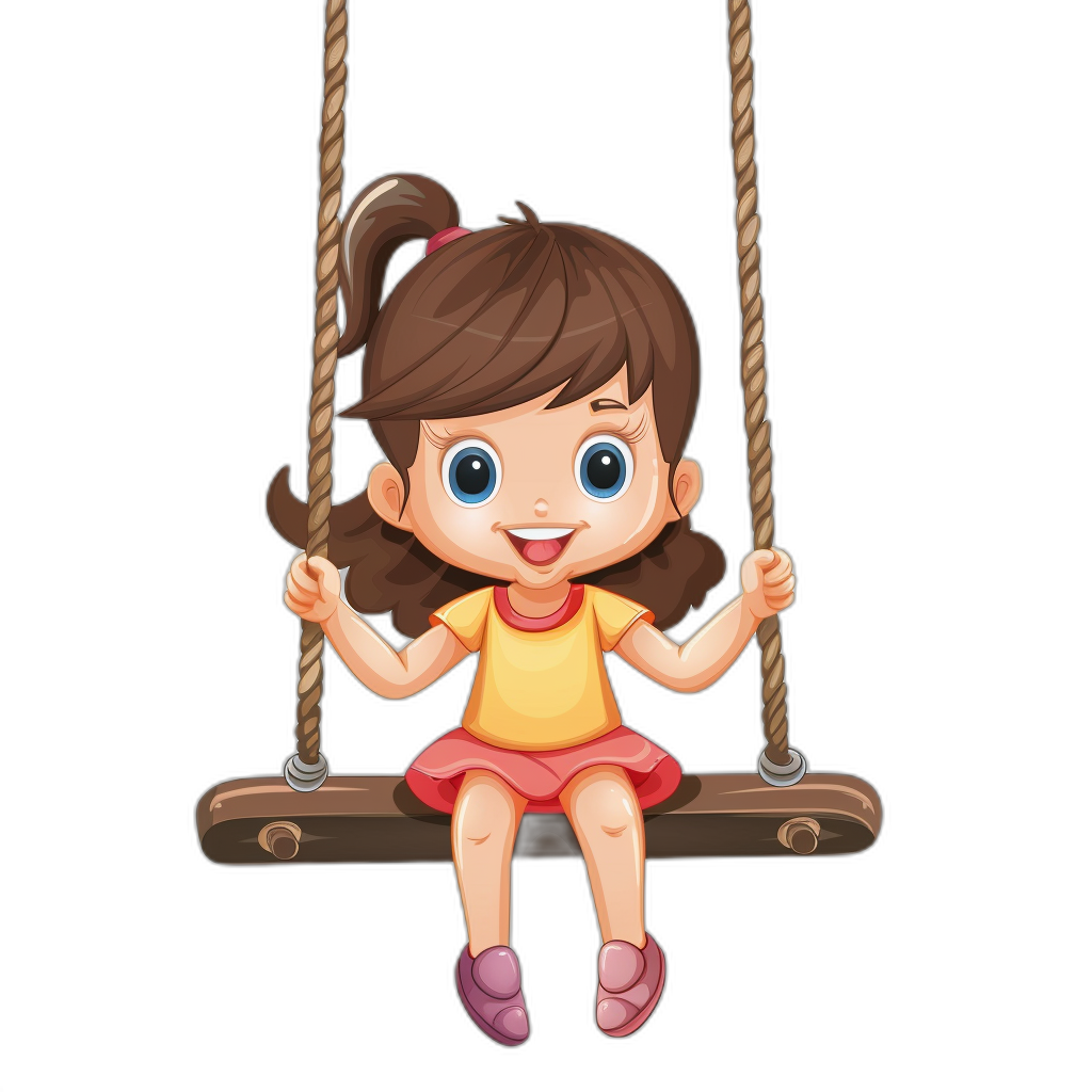 A cute cartoon girl sitting on the swing, smiling happily. She has big eyes and brown hair tied in pigtails wearing an orange t-shirt, yellow skirt and pink shoes. The illustration is in the style of vector art with a black background. The girl is swinging high on her wooden swing while holding onto two ropes attached to each end.